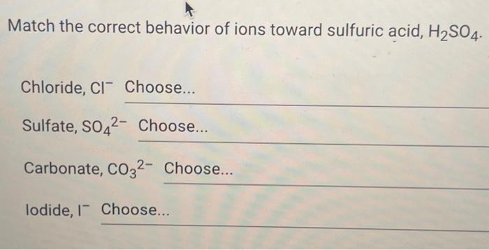 Match the correct behavior of ions toward sulfuric acid h2so4